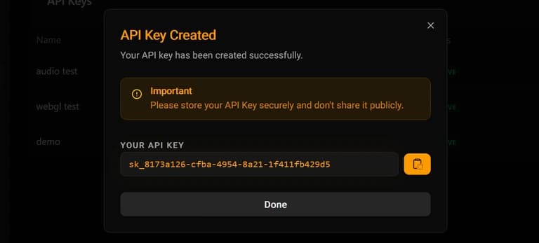 API Key Created Dialog