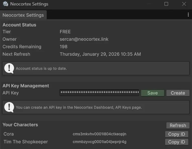 Neocortex Settings window